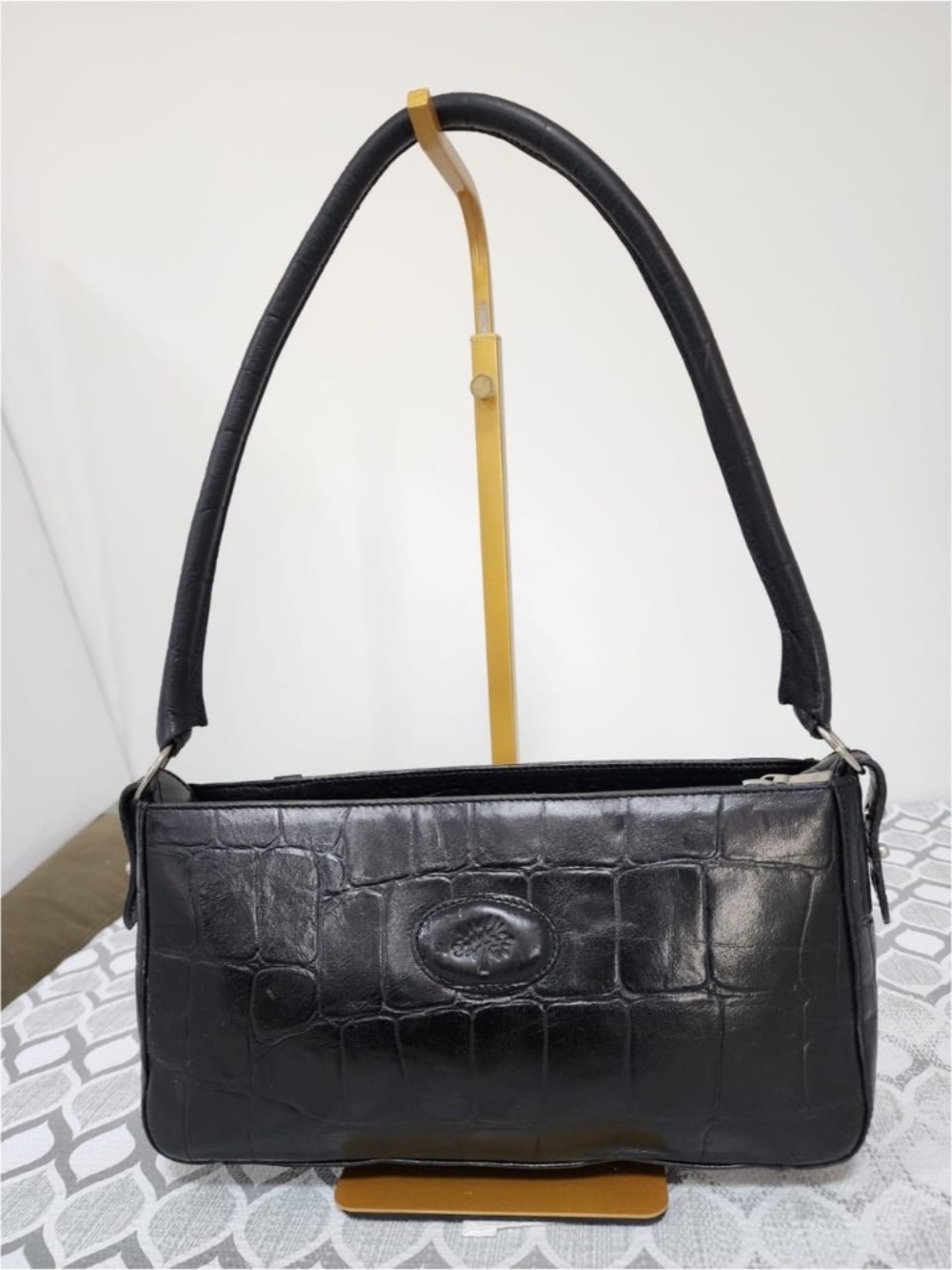 Authentic Mulberry Crocodile Embossed Leather Shoulder Bag Black